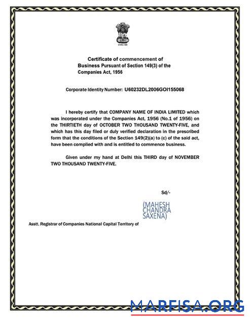 Downloadable India certificate of commencement Word and PDF template